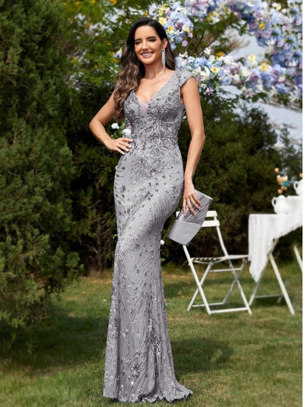 Elegant Silver Beaded V-Neck Evening Gown